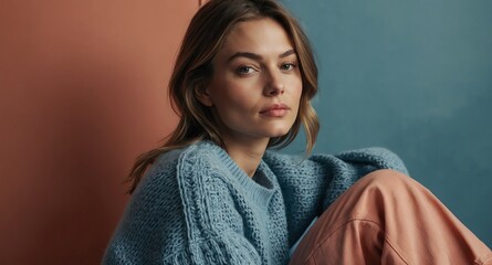 Wall Mural - Relaxed White female model in blue sweater and jeans on coral background