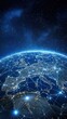 © Georgii - Digital illustration of Earth with illuminated network connections showing interconnected continents and glowing city lights from space