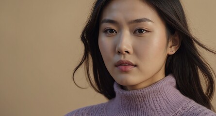 Poster - Serene Asian female model in lilac sweater on beige background