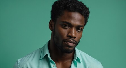 Poster - Serene Black male model in light blue shirt on mint green background