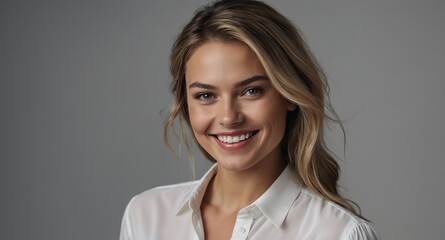 Poster - Smiling White female model in white button up blouse on light gray background