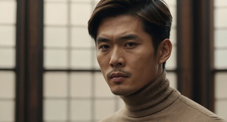 Canvas Print - Stylish Asian male model in light brown turtleneck on ivory background