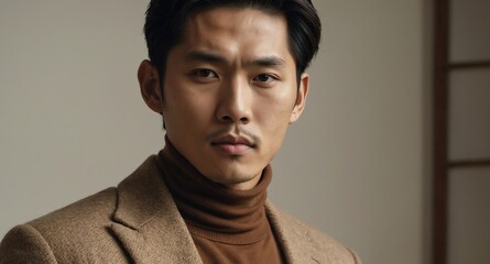 Canvas Print - Stylish Asian male model in light brown turtleneck on ivory background