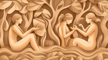 Wall Mural - Two women sitting in a forest with cell phones and tablets, AI