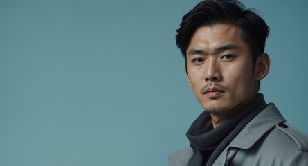 Sticker - Thoughtful Asian male model in gray trench coat on pale blue background