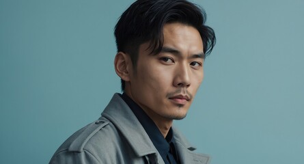 Sticker - Thoughtful Asian male model in gray trench coat on pale blue background