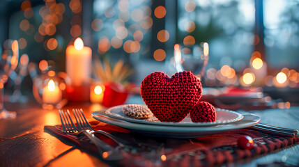 romantic dinner setup crocheted heart decorations candlelight love celebration concept high resolution high details vibrant