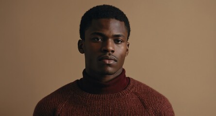 Poster - Thoughtful Black male model in maroon sweater on beige background