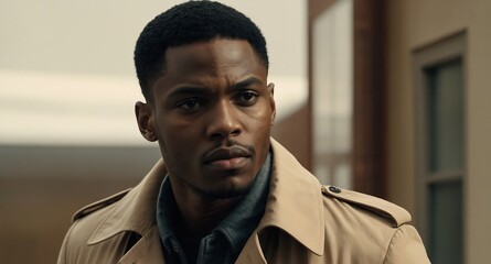 Poster - Thoughtful Black male model in tan trench coat on ivory background