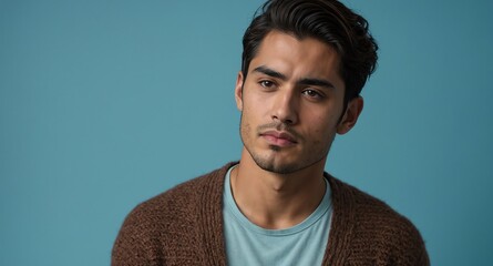 Poster - Thoughtful Hispanic male model in brown cardigan on light blue background