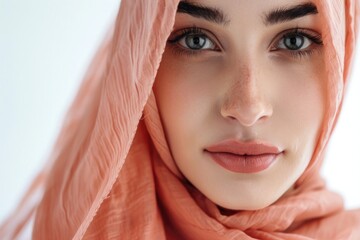 A close up of young beautiful muslim woman with hijab isolated on white background studio, muslim beauty