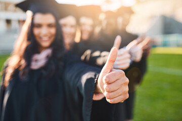 Poster - Thumbs up, education and hands of students for graduation, school ceremony and celebrate achievement. University, academy and men and women with gesture for college, learning and studying success