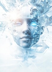 Poster - Futuristic digital human face created using artificial intelligence and data technology in an abstract digital art style