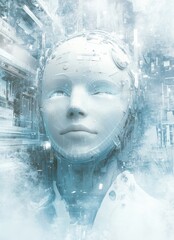 Poster - Abstract digital face made of data and artificial intelligence in a futuristic style emphasizing technology and innovation