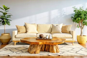 Wall Mural - Boho interior design of modern living room, home. Live edge coffee table near beige sofa