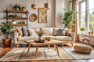 Wall Mural - Boho interior design of modern living room, home. Live edge coffee table near beige sofa