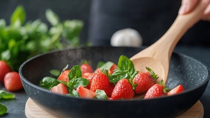 Wall Mural - Strawberry cooked in a skillet with spices, showcasing a flavorful dish.