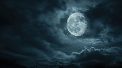 a full moon glowing ominously in a dark, cloudy halloween sky, casting eerie shadows over a haunted 