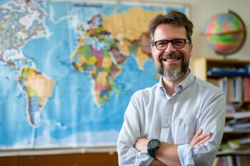 a teacher man is smiling in front of a world map in bright school class