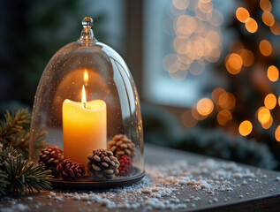 Poster - burning christmas candle in glass dome on winter background . Generative AI
