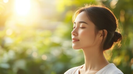 Wall Mural - Serene Southeast Asian Woman Finding Inner Peace Through Yoga Practice in Ethereal Garden | Mindfulness and Tranquility Concept