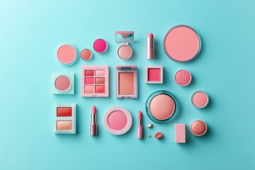 Wall Mural - Flat lay of pastel pink and coral makeup products on a vibrant blue background, showcasing a stylish arrangement perfect for beauty enthusiasts and cosmetic brands.