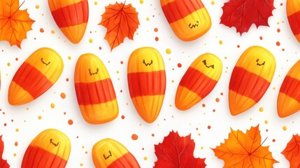 Wall Mural - A festive Halloween fabric featuring candy corn and autumn leaves, arranged in a cozy pattern, on a white background