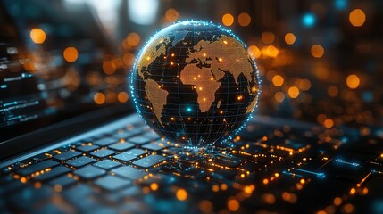 Poster - Digital Globe Hovers Above a Laptop Keyboard