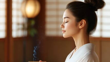 Wall Mural - Serene Japanese Model Meditating with Incense in a Traditional Room