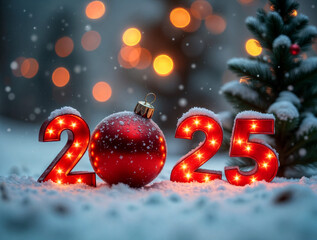 Poster - numbers 2025 in a Christmas atmosphere, symbol of the year . Generative AI