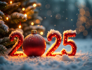Poster - numbers 2025 in a Christmas atmosphere, symbol of the year . Generative AI