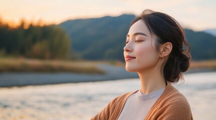 Wall Mural - Serene Japanese Woman Practicing Tai Chi by Tranquil Riverside: Flow of Movement in Self-Care Routine Double Exposure