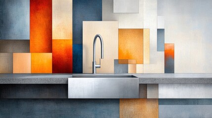 Sticker - A kitchen sink with a modern style and colorful geometric pattern, AI