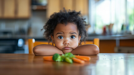 Little girl with vegetables, looking hesitant.