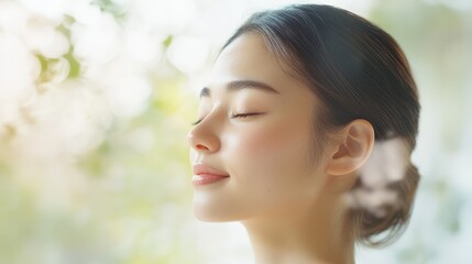 Wall Mural - Tranquil Japanese Woman Delighting in Soothing Facial Massage - Concept of Self-Care in Enchanting Spa Setting with Double Exposure