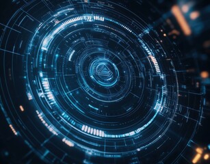 Aufkleber - Futuristic high-tech digital interface with glowing cyber elements and abstract design in a circular pattern, ideal for technology and innovation themes