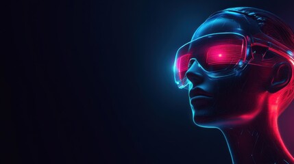 Poster - Futuristic illustration of an AI humanoid with glowing red visor in a dark, cyberpunk setting capturing advanced technology and digital innovation.