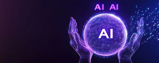 Poster - Futuristic glowing AI logo held by digital hands in vibrant blue and pink colors, symbolizing technology and innovation