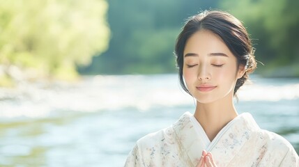 Wall Mural - Serene Japanese Model Meditating by Tranquil River - Inner Peace and Balance Close Up Shot with Whimsical Multilayer Theme