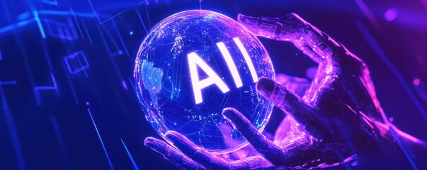 Poster - Futuristic AI logo with glowing digital sphere held in hands on purple-blue abstract background