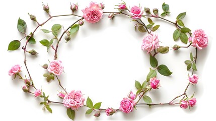 Wall Mural - Pink roses with green leaves form a circle shape with a white background, creating a simple yet elegant frame.