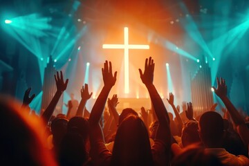 Church worship concept. Christians with raised hands pray and worship to the cross in church building