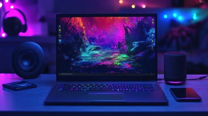 Canvas Print - Laptop with Colorful Wallpaper and Neon Lights