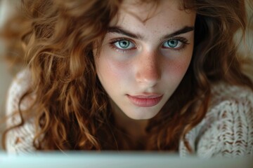 Sticker - Close up portrait of a beautiful young woman and looking at laptop screen