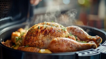 Poster - A delicious roasted chicken with herbs and spices emerges from a modern air fryer. The steaming meat reveals a crispy skin and a golden brown finish. Perfect for family dinners. AI