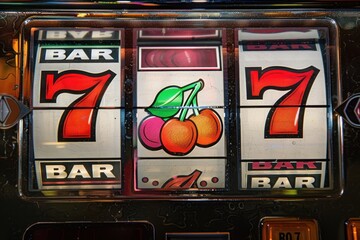 Close-up of a vibrant slot machine display showing lucky number 7 and BAR symbols