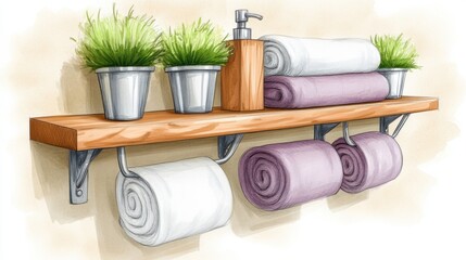 Wall Mural - A shelf with towels and plants on it in a bathroom, AI