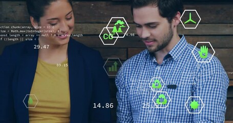 Poster - Animation of ecology icons over diverse colleagues using tablet in office