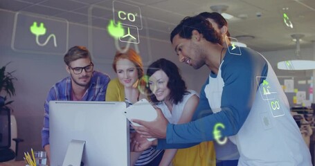 Poster - Animation of ecology icons over diverse colleagues using tablet in office
