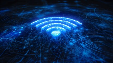 Poster - Glowing blue wifi symbol on a dark digital background.